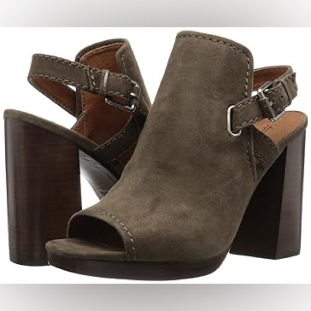 FRYE Women's Karissa Shield Sling Mule peep toe suede heel